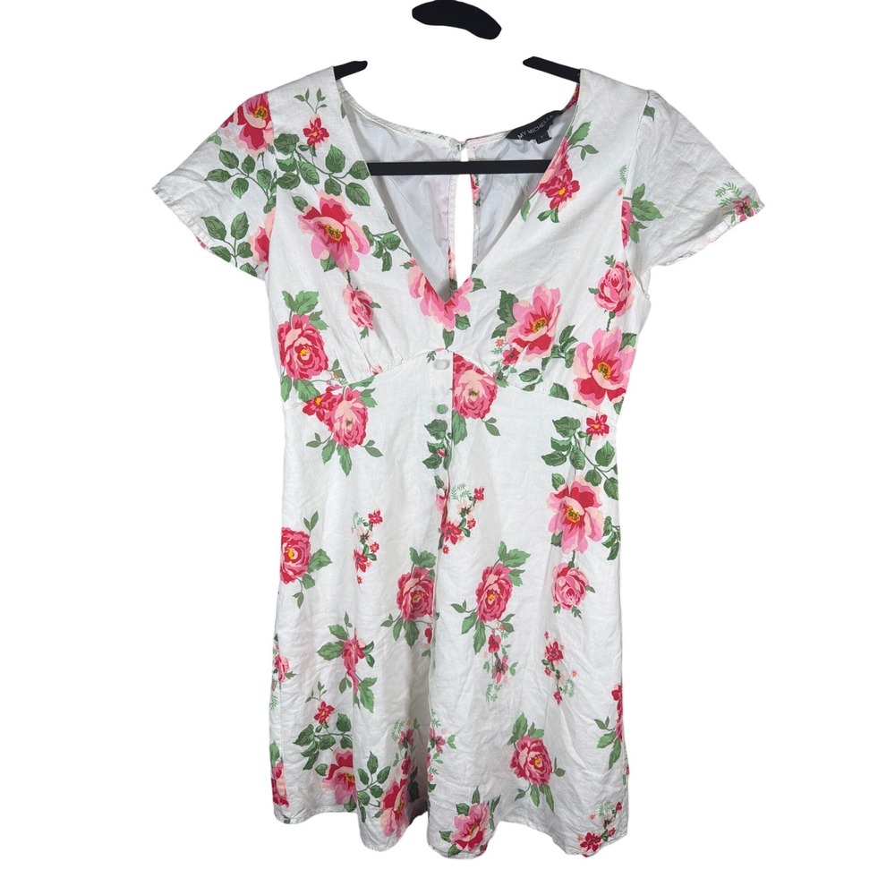 My Michelle Women White Pink Floral Linen Blend Cutout Back Mini Dress Small